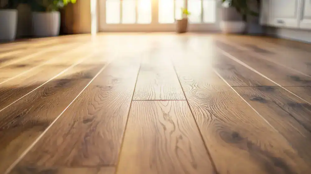 Sunlight streams onto a clean, polished wooden floor with natural grain patterns. The background shows large windows and potted plants, creating a warm and inviting atmosphere—perfect inspiration from a top flooring company Suffolk County, NY.